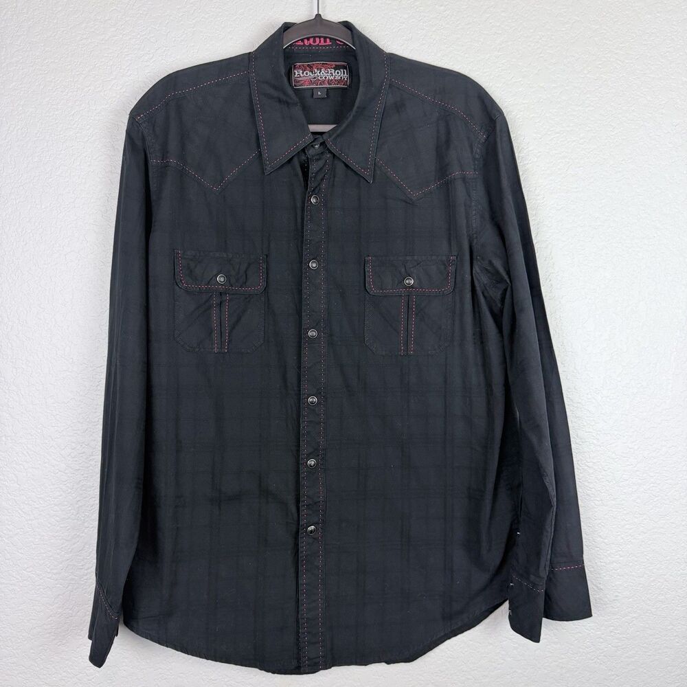 Rock And Roll Men's Shirt Black Red Stitching Cotton Long Sleeve Pearl Snap L